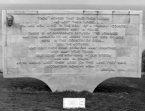 Atatürk's 1934 inscription at the Anzac Cove memorial, carved in stone