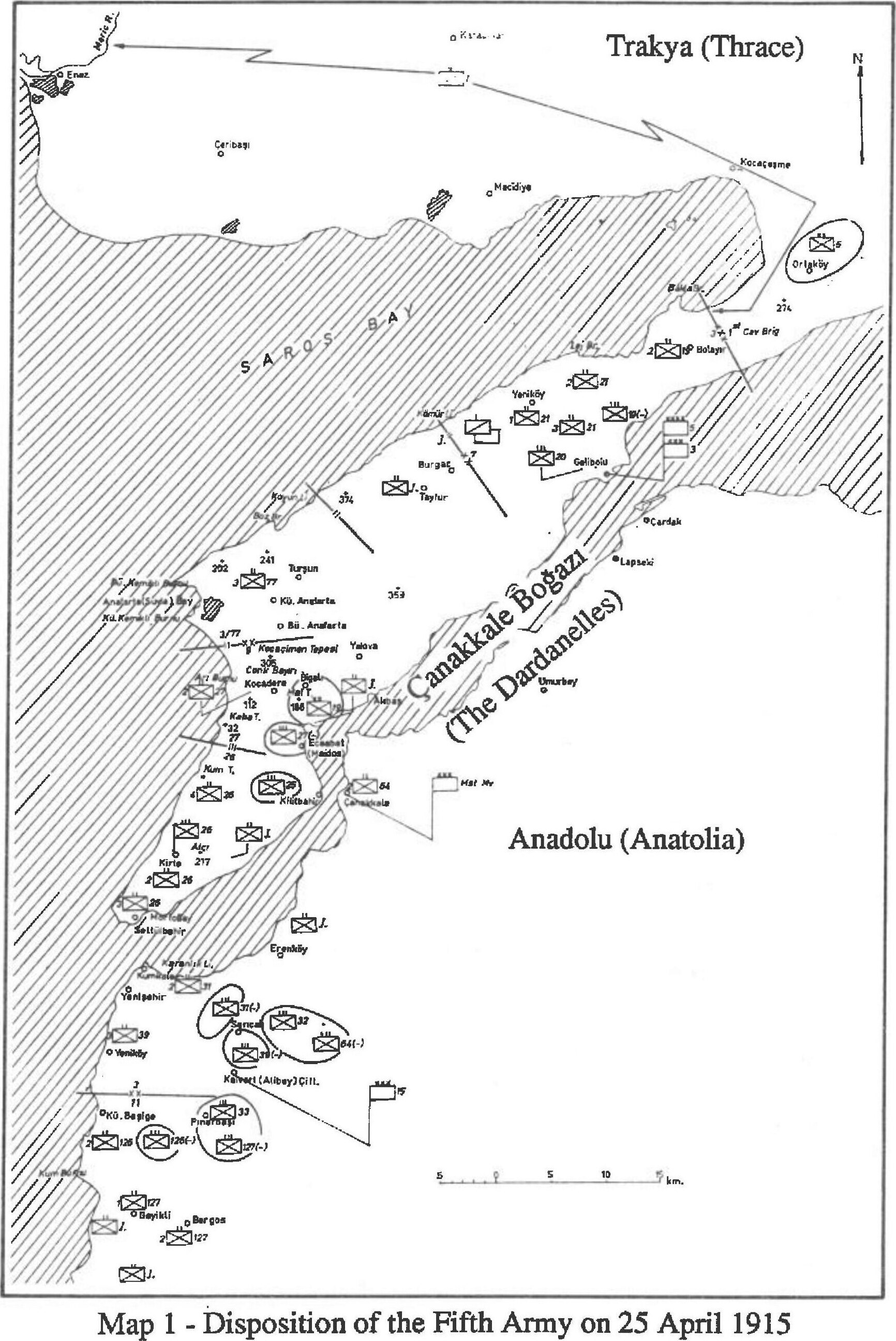 Map 1 — Disposition of the Fifth Army on 25 April 1915