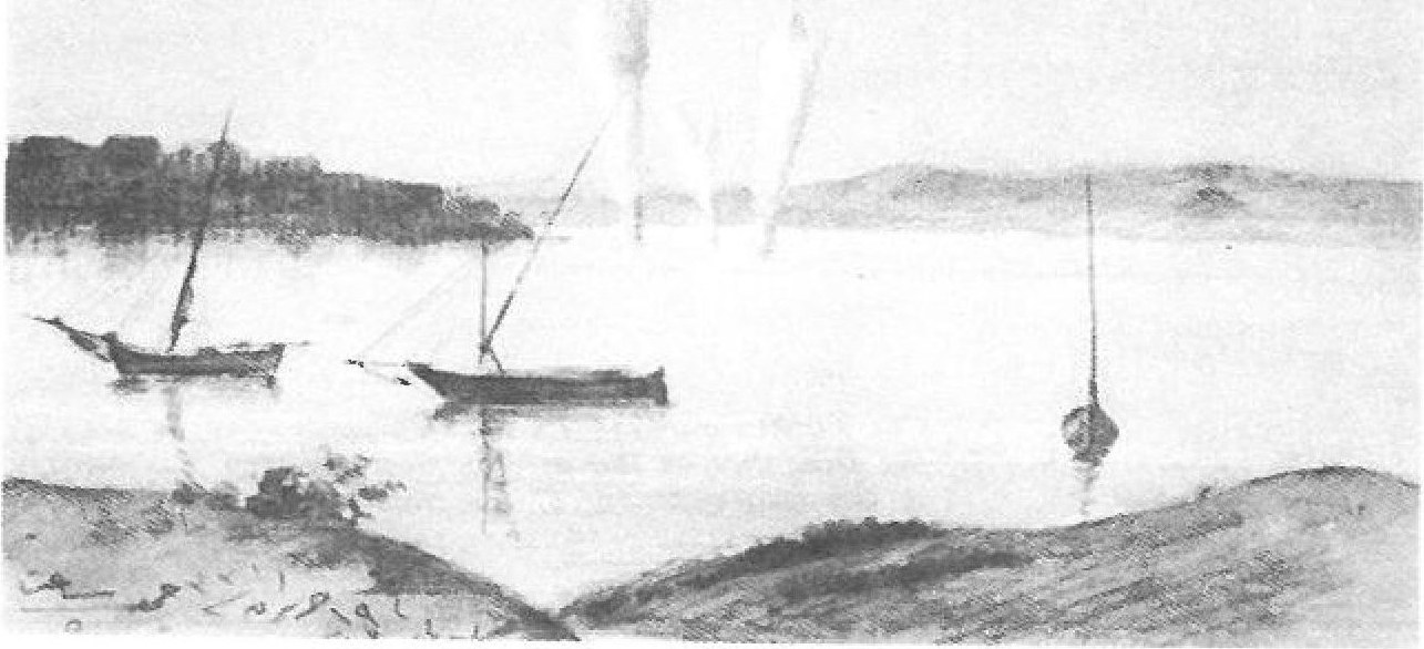 Watercolour — boats on calm water