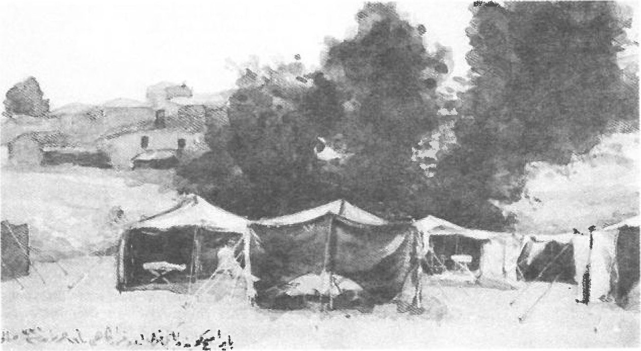 Watercolour — military camp with tents