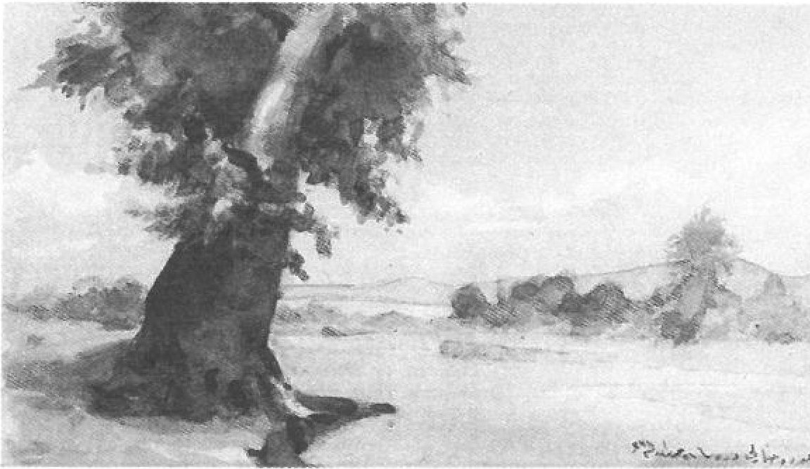 Watercolour — a lone tree on open ground with a distant landscape beyond