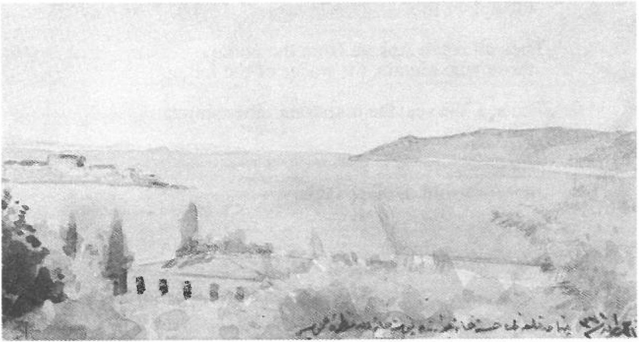 Watercolour — an open landscape with distant figures near ruins