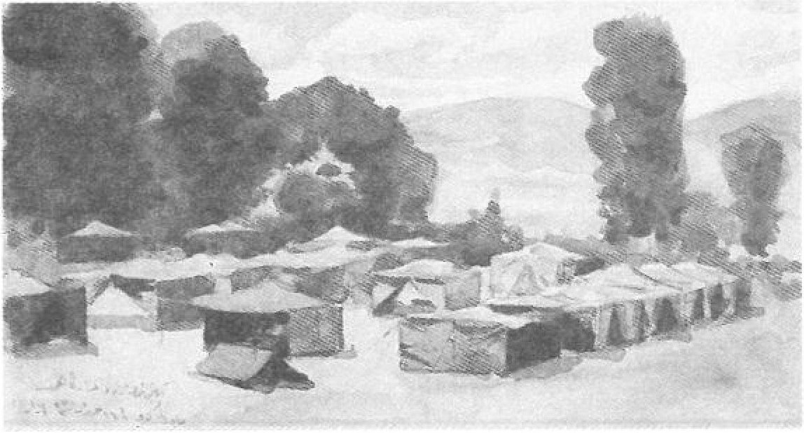 Watercolour — a pastoral camp of tents among trees