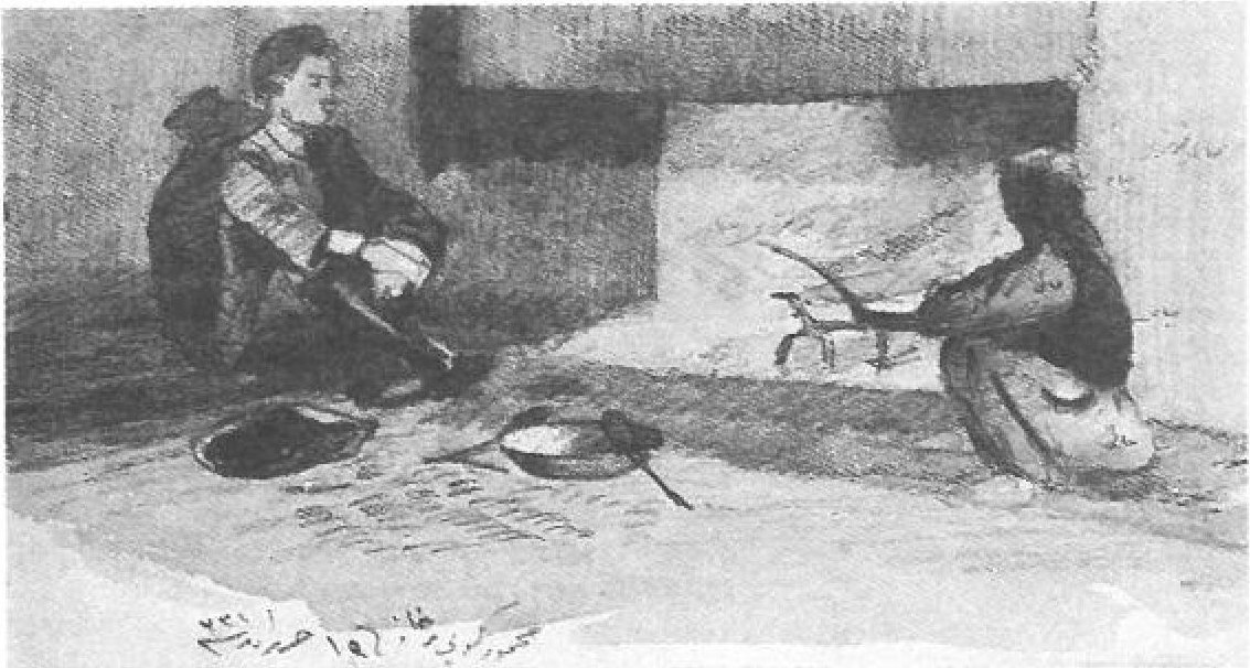 Watercolour — two figures by a fireplace in a domestic interior