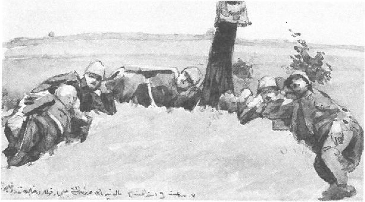 Watercolour — Turkish soldiers advancing with a flag-bearer