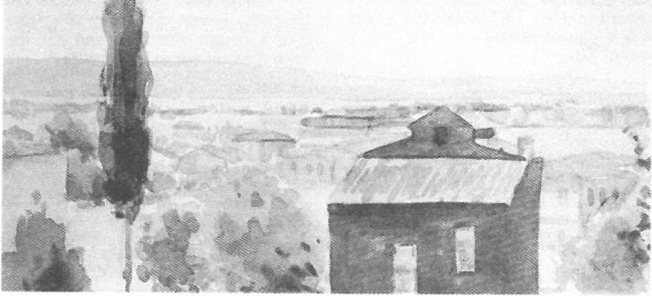 Watercolour — a house with a lone cypress tree looking across a wide plain