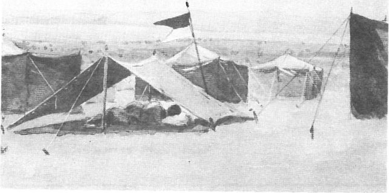 Watercolour — an Ottoman military encampment with tents and banners